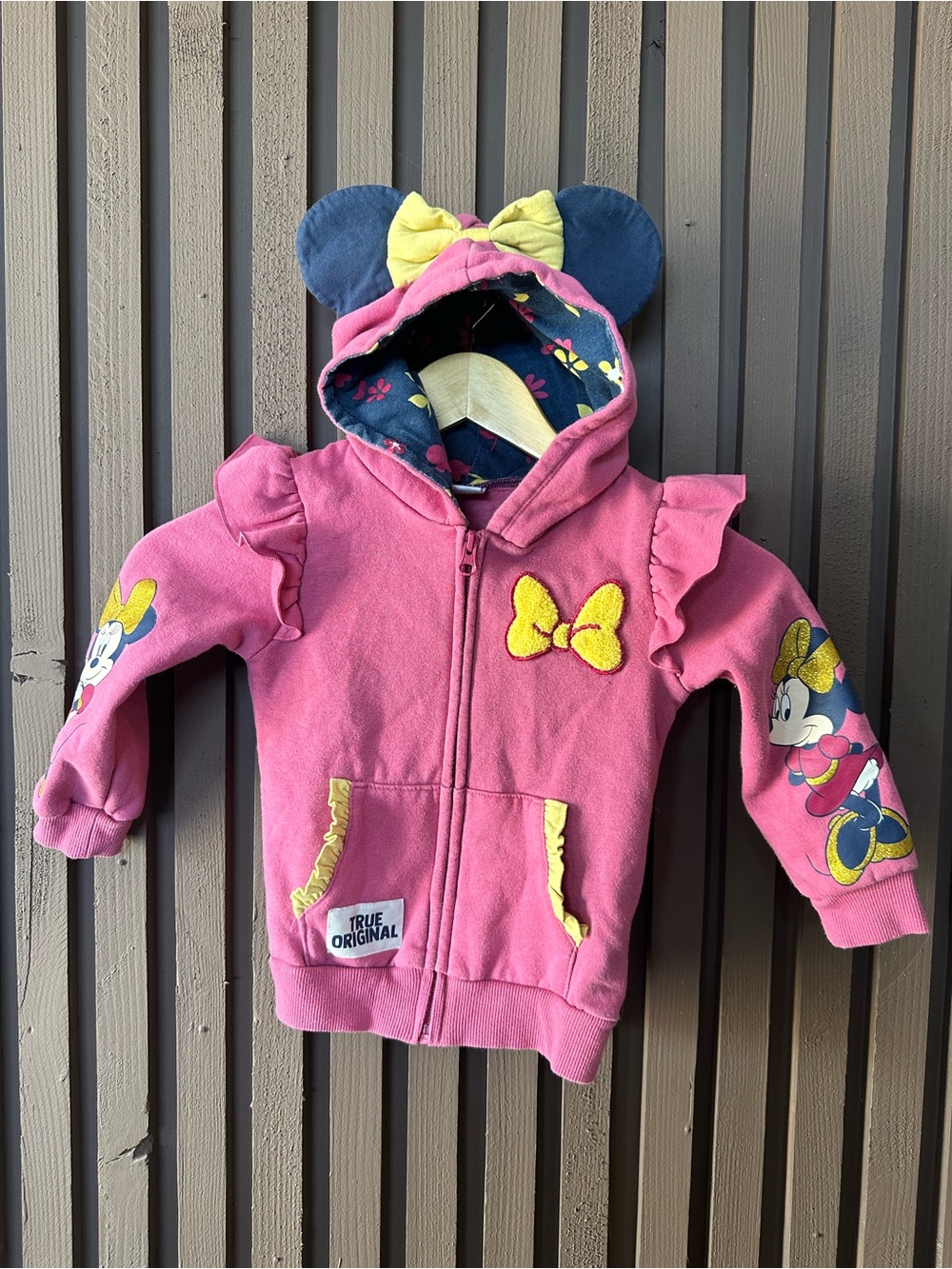 Disney Junior Minnie Mouse Zip Up Hoodie With Ears and Bow Glitter Ruffles 4T